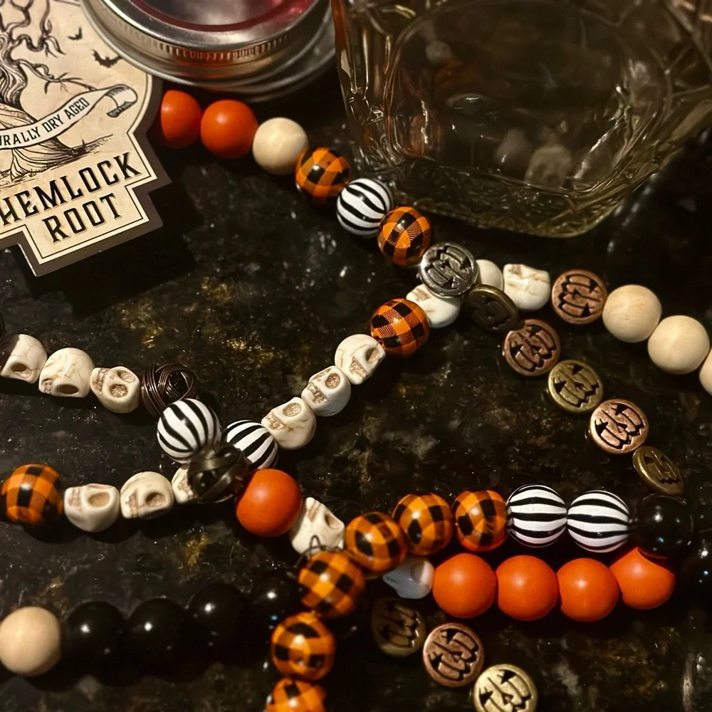 Halloween Garland 8ft long colorful wood beads, skulls and pumpkins, tassels
